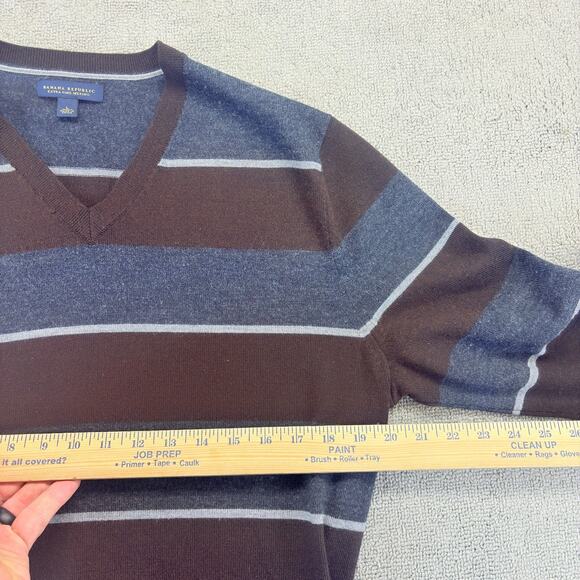 Banana Republic V-Neck Sweater Men's Large Brown Striped Extra Fine Merino Wool - Picture 7 of 8